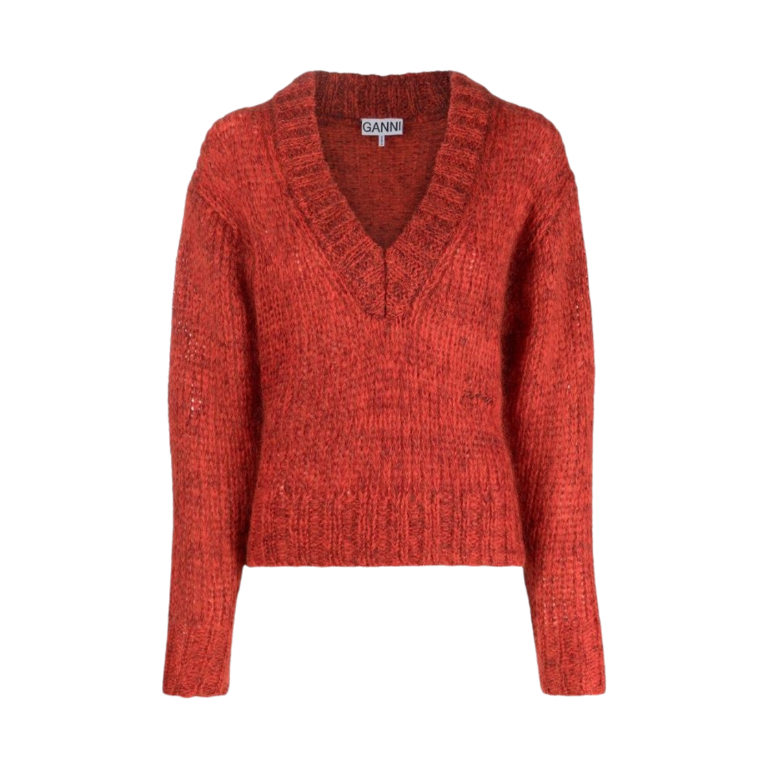 (W) 가니 모헤어 브이넥 풀오버 파이어리 레드((W) Ganni Mohair V-Neck Pullover Fiery Red) - 1