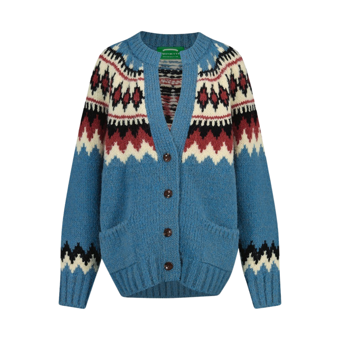그린버터 우먼 브이넥 노르딕 알파카 가디건 인디 블루(Greenbutter Women V-Neck Nordic Alpaca Cardigan Indi Blue) - 1
