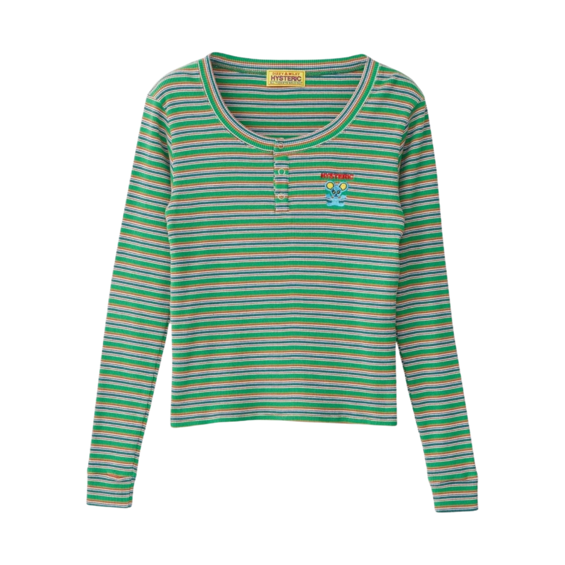 (W) 히스테릭 글래머 HYS 마우스 자수 헨리넥 티셔츠 그린((W) Hysteric Glamour HYS Mouse Embroidery Henley Neck T-Shirt Green) - 1