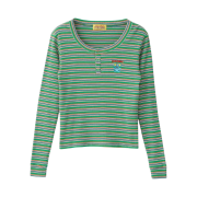 (W) Hysteric Glamour HYS Mouse Embroidery Henley Neck T-Shirt Green