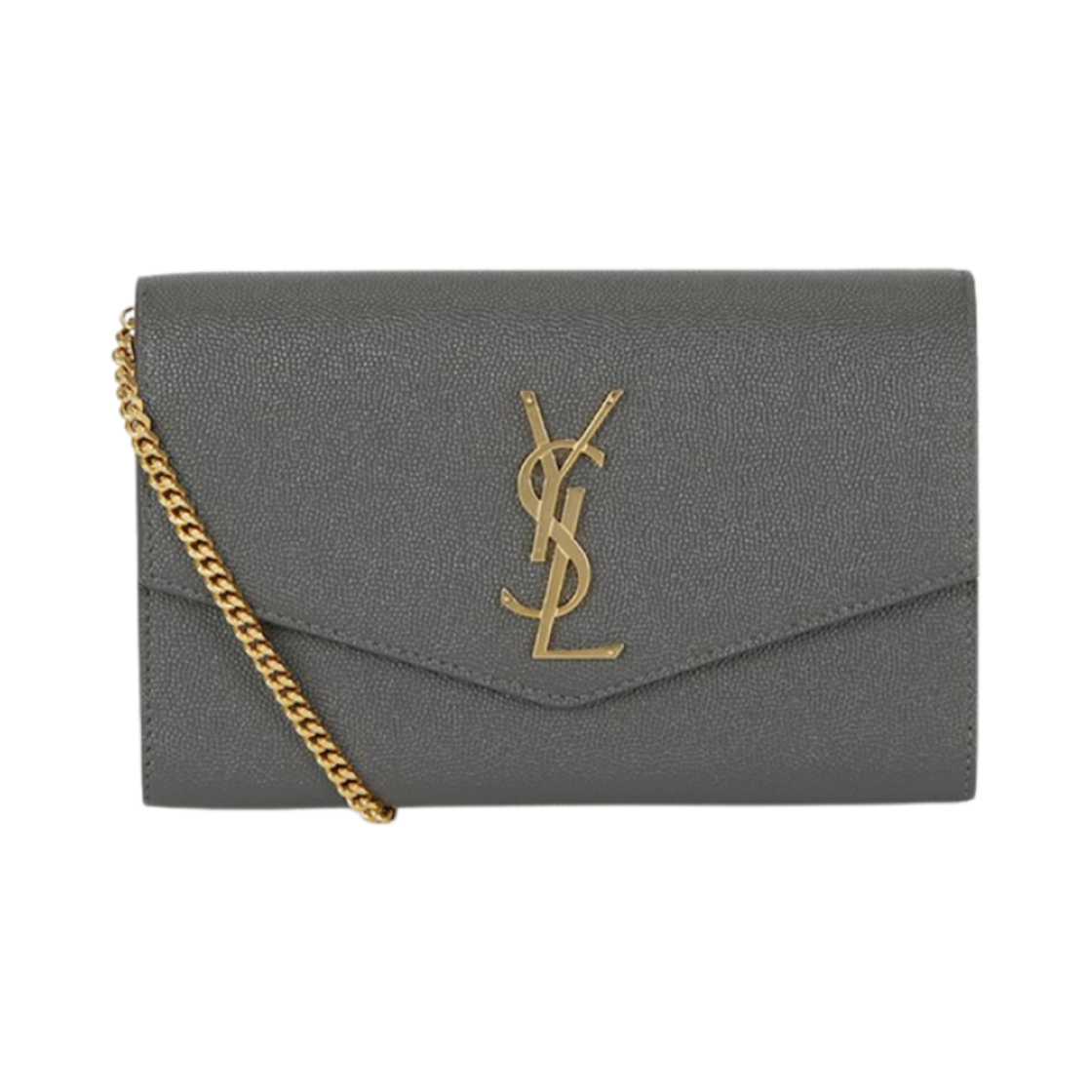 607788-1GF0J-1112 Saint Laurent Uptown Chain Wallet in Grain de Poudre Embossed Leather Storm