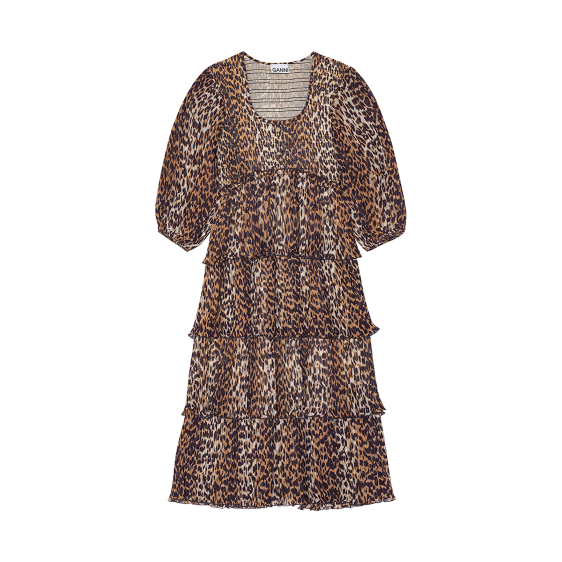 (W) 가니 플리츠 조지테 플라운스 스모크 미디 드레스 아몬드 밀크((W) Ganni Pleated Georgette Flounce Smock Midi Dress Almond Milk) - 1