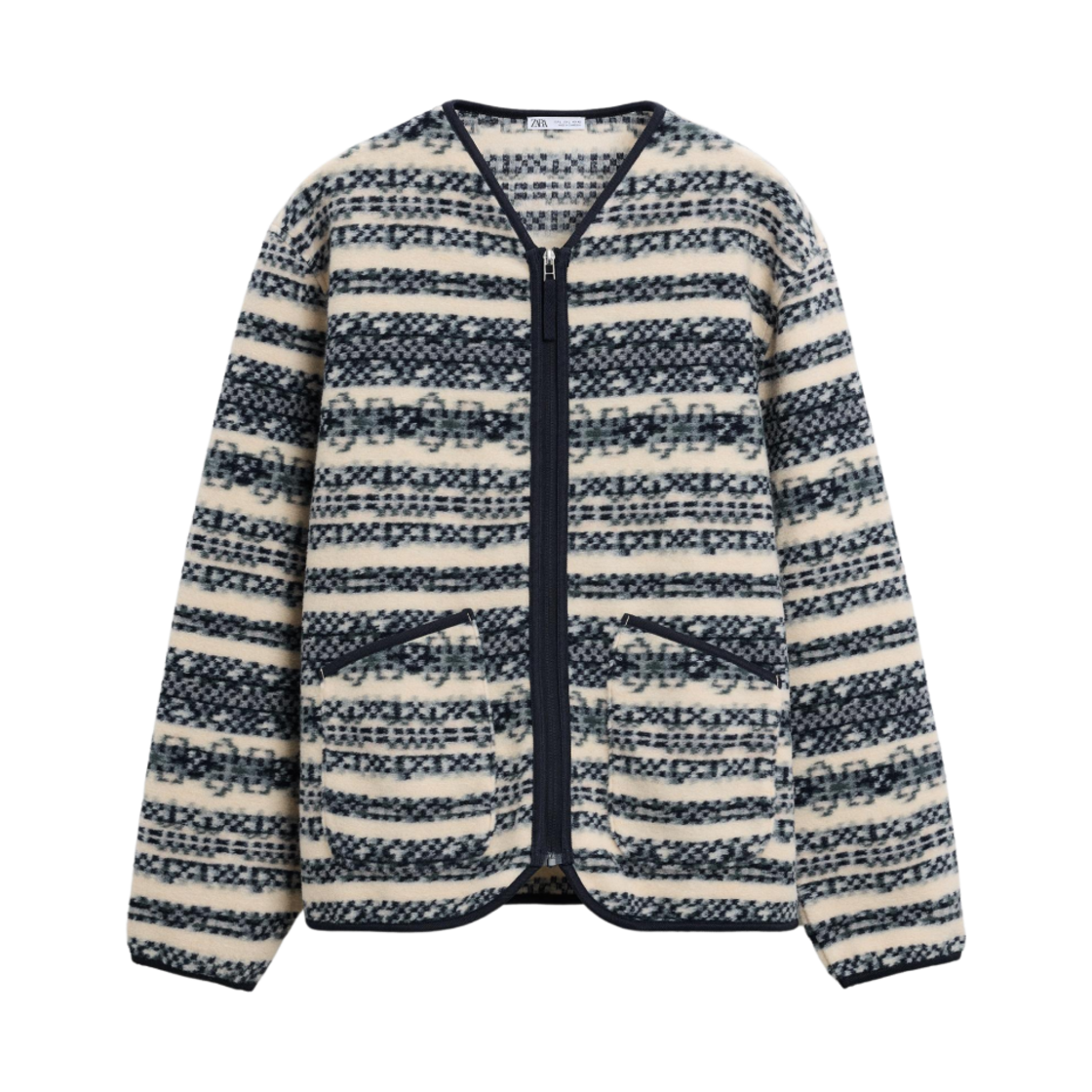 자라 자카드 집업 가디건 에크루 블루(Zara Jacquard Zip Up Cardigan Ecru Blue) - 1