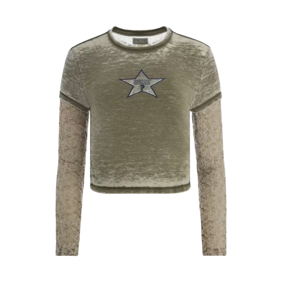 게스 USA 우먼 빈티지 레이어드 레이스 티 워시드 아웃 그린 - 24FW(Guess USA Women Vintage Layered Lace Tee Washed Out Green - 24FW)