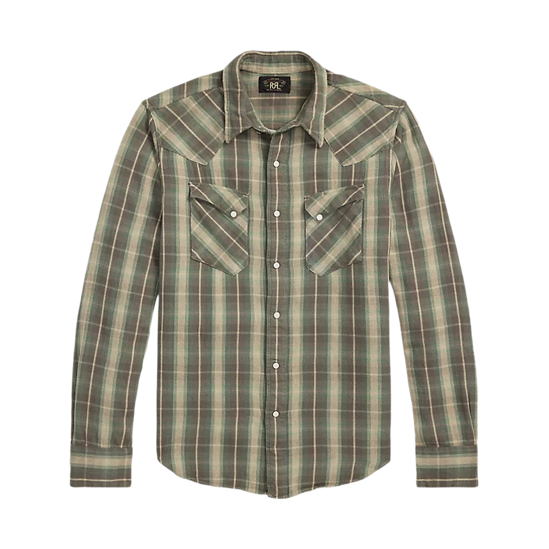 100040980 Double RL Slim Fit Plaid Twill Western Shirt Green Gray
