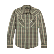 Double RL Slim Fit Plaid Twill Western Shirt Green Gray