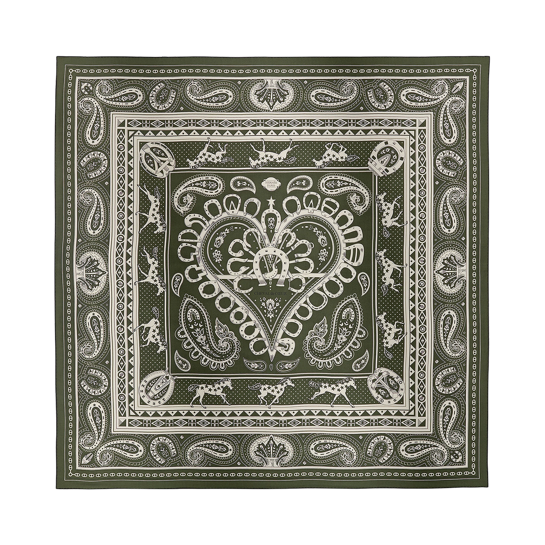 에르메스 슈발 드 하트 반다나 숄 140 카키 블랑 누아(Hermes Cheval De Coeur Bandana Shawl 140 Khaki Blanc Noir) - 1