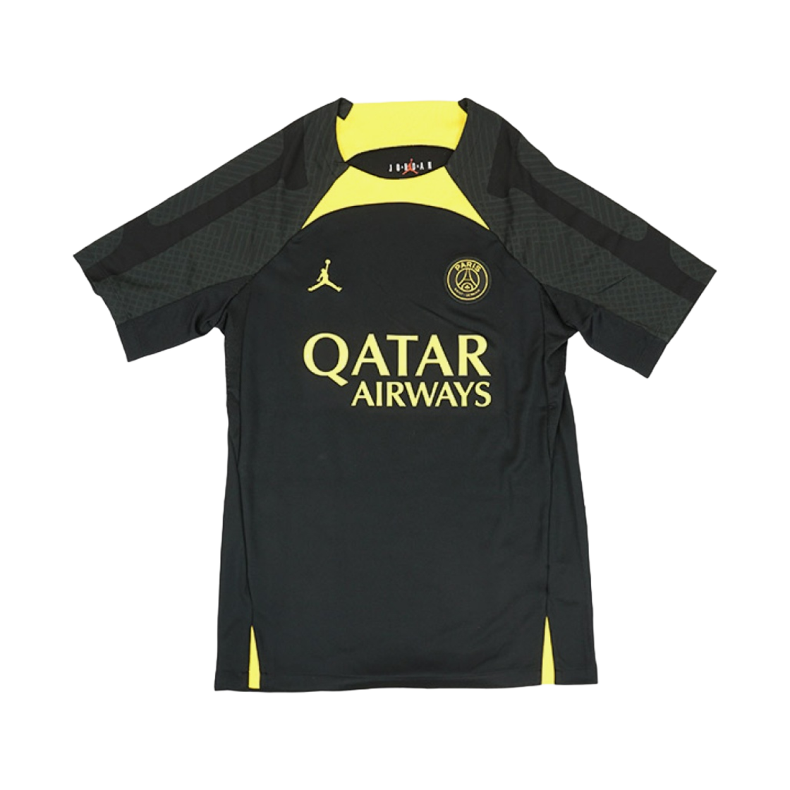 조던 x 파리 생제르맹 스트라이크 드라이핏 니트 사커 탑 블랙 투어 옐로우(Jordan x Paris Saint-Germain Strike Dri-Fit Knit Soccer Top Black Tour Yellow)