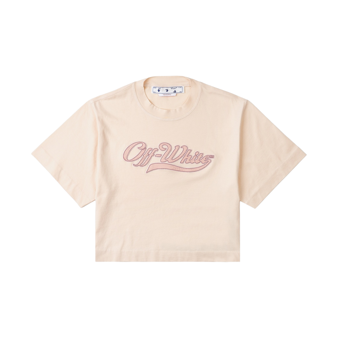 OWAA090S23JER0043132 (W) Off-White Embroidered Baseball Logo Cropped T-Shirt Beige Fuchsia