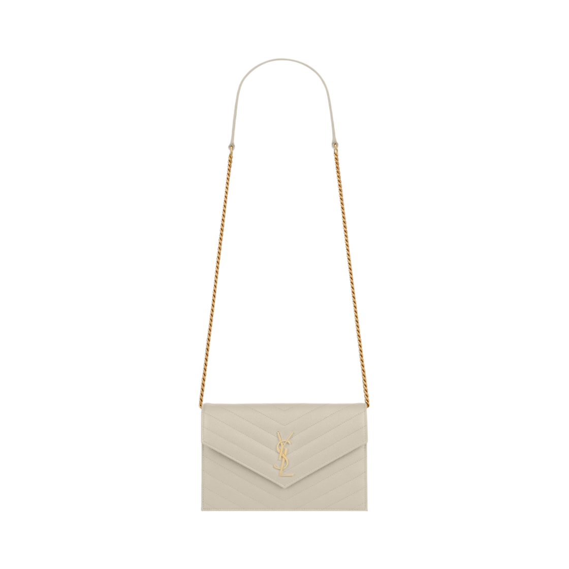 생로랑 그랑 드 뿌드르 엠보스드 레더 카산드라 마틀라세 엔벨로프 체인 지갑 크리마 소프트(Saint Laurent Cassandre Matelasse Envelope Chain Wallet in Grain de Poudre Embossed Leather Crema Soft) - 1