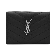 Saint Laurent Silver Monogram Card Case in Grain de Poudre Embossed Leather Black