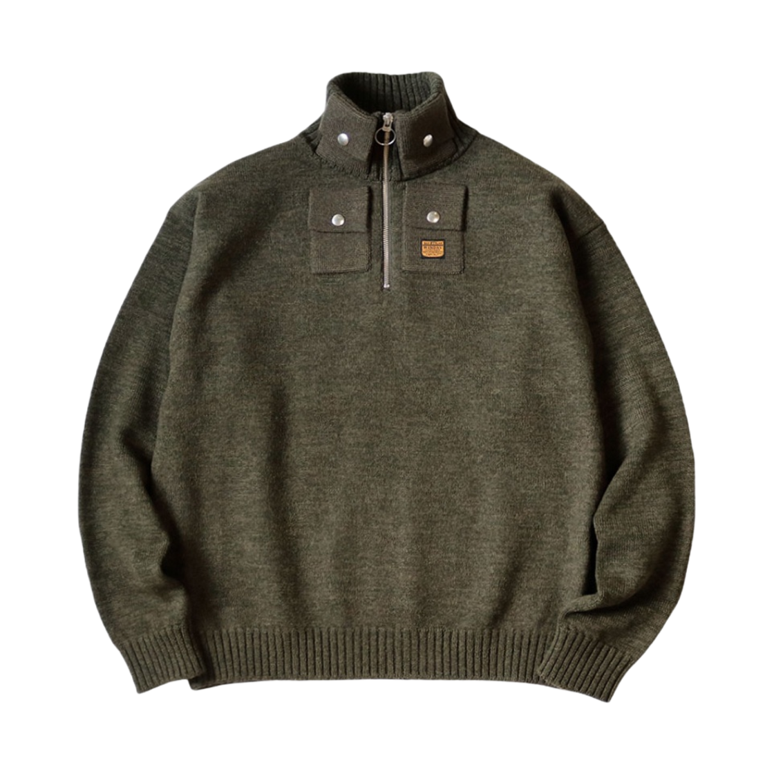 캐피탈 8G 코튼 울 니켈 4 하프 집 스웨터 카키(Kapital 8G Cotton Wool Nickel 4 Half Zip Sweater Khaki) - 1