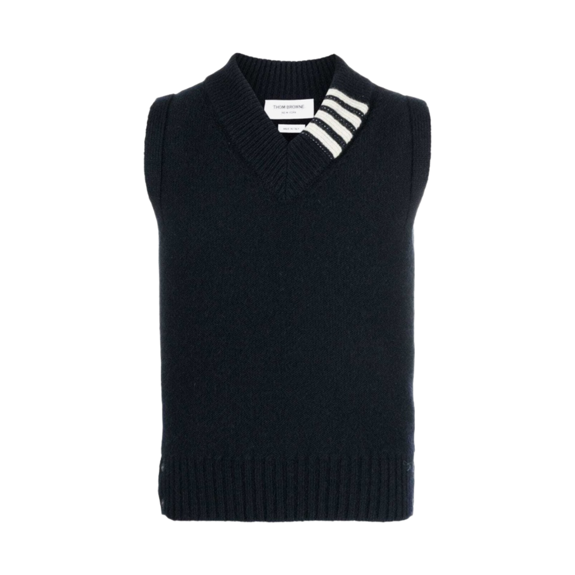 톰브라운 리버스 저지 스티치 도네갈 사선 브이넥 베스트 네이비(Thom Browne Reverse Jersey Stitch Donegal 4-Bar V-Neck Vest Navy) - 1