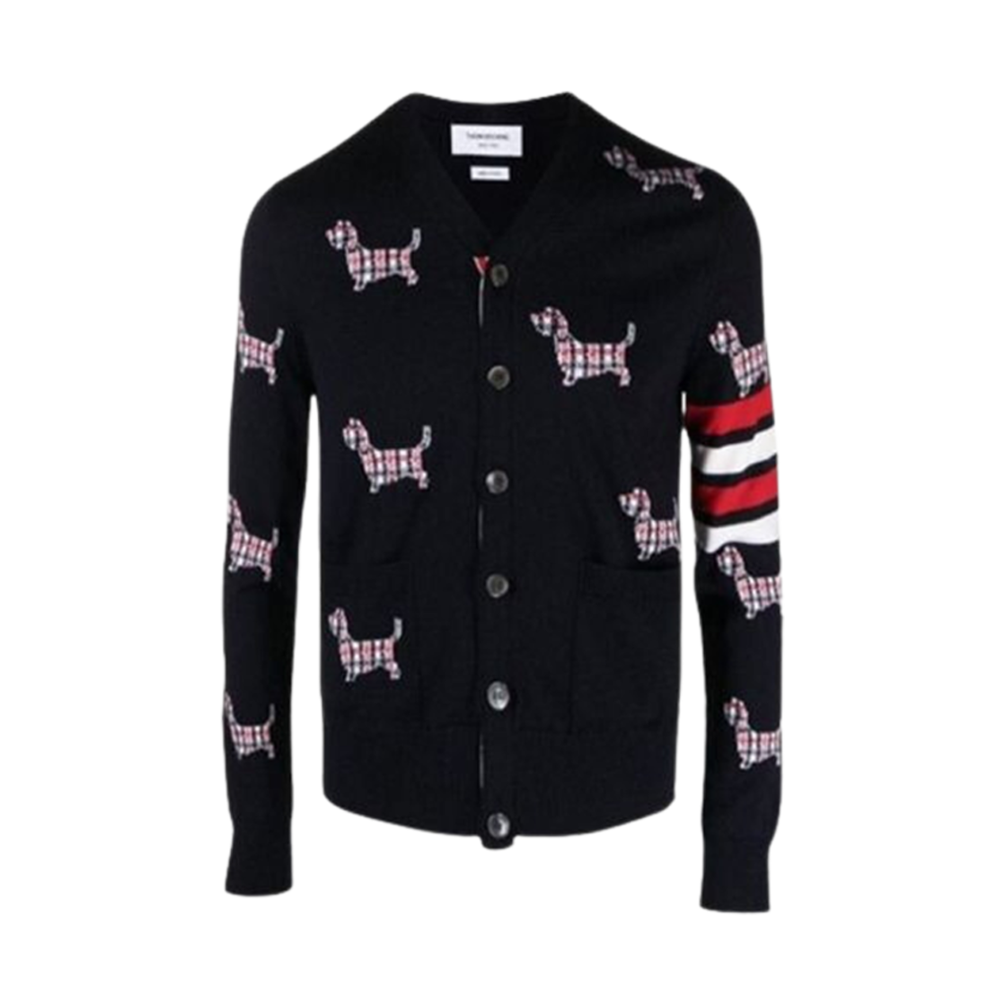 MKC511B-Y1002-415 Thom Browne Wool 4-Bar V-Neck Hector Cardigan Navy
