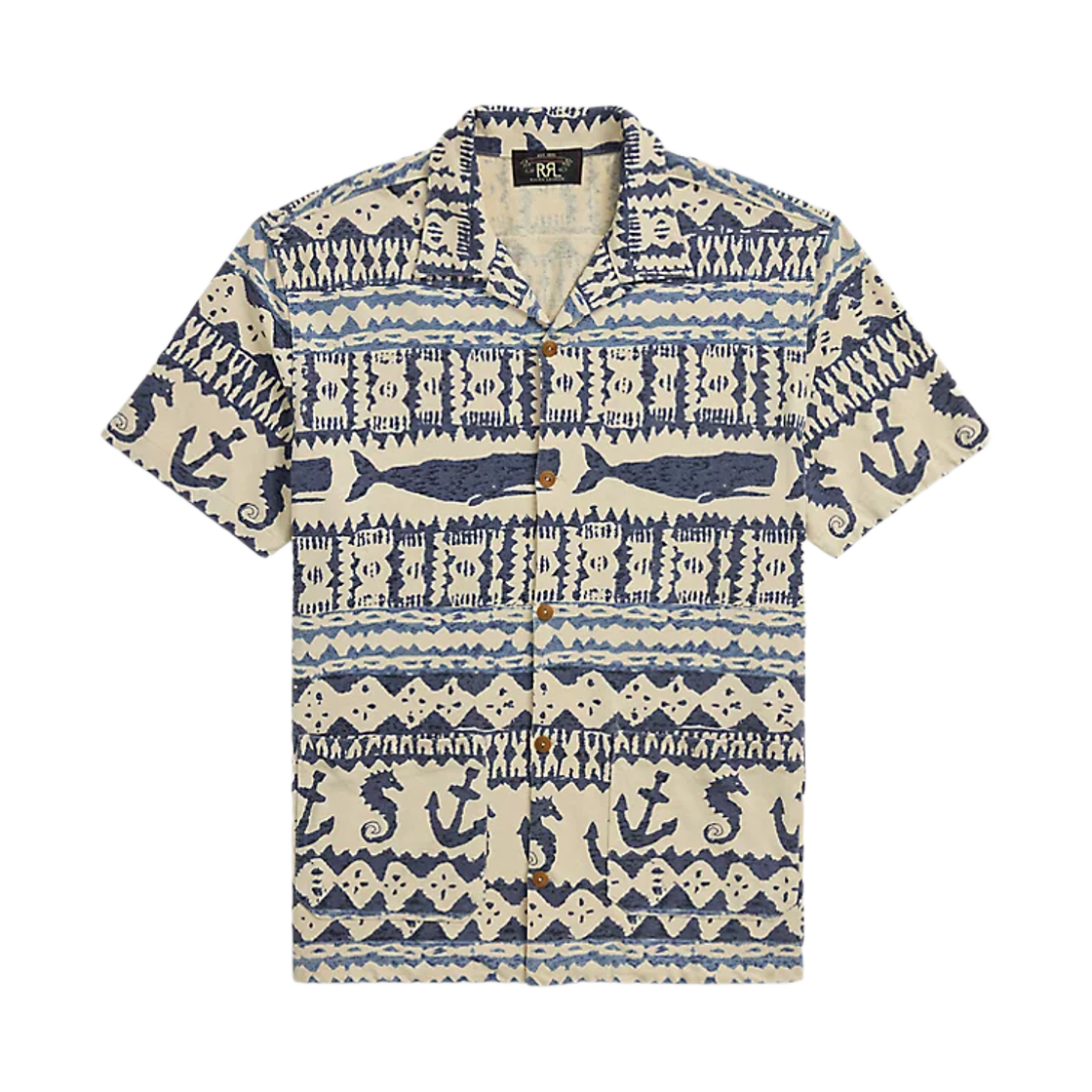 더블알엘 노티컬 프린트 저지 캠프 셔츠 크림 네이비 멀티(Double RL Nautical Print Jersey Camp Shirt Cream Navy Multi) - 1