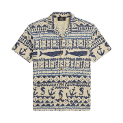 Double RL Nautical Print Jersey Camp Shirt Cream Navy Multi