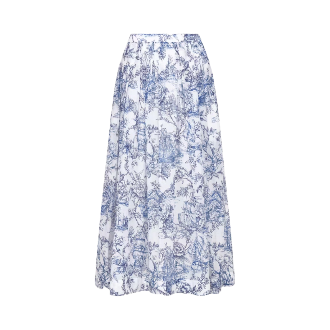 (W) 디올 플레어 미디 스커트 트왈 드 주이 베셀 모티프 코튼 보일 블루 화이트((W) Dior Flared Mid-Length Skirt Cotton Voile with Toile de Jouy Vessel Motif Blue White) - 1