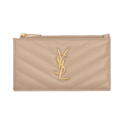 Saint Laurent Cassandre Matelasse Fragments Zipped Card Case in Grain De Poudre Embossed Leather Dark Beige