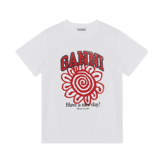 (W) Ganni Relaxed Red Flower T-Shirt Bright White