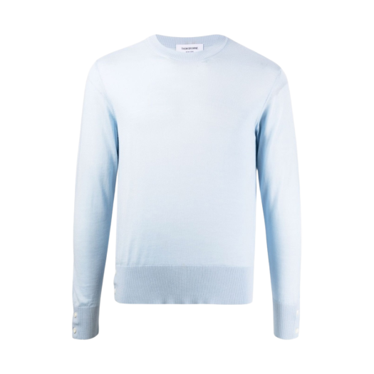 Thom Browne Center Back RWB Intarsia Stripe Classic Crew Neck Pullover in Fine Merino Wool Light Blue