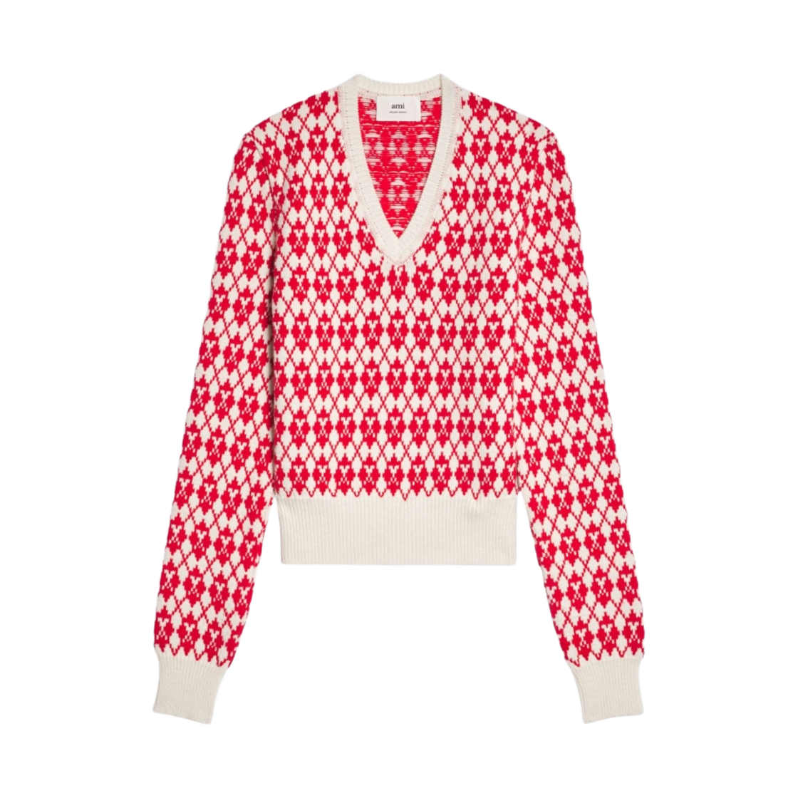 아미 자카드 브이넥 스웨터 오프 화이트 레드(Ami Jacquard V-Neck Sweater Off White Red) - 1