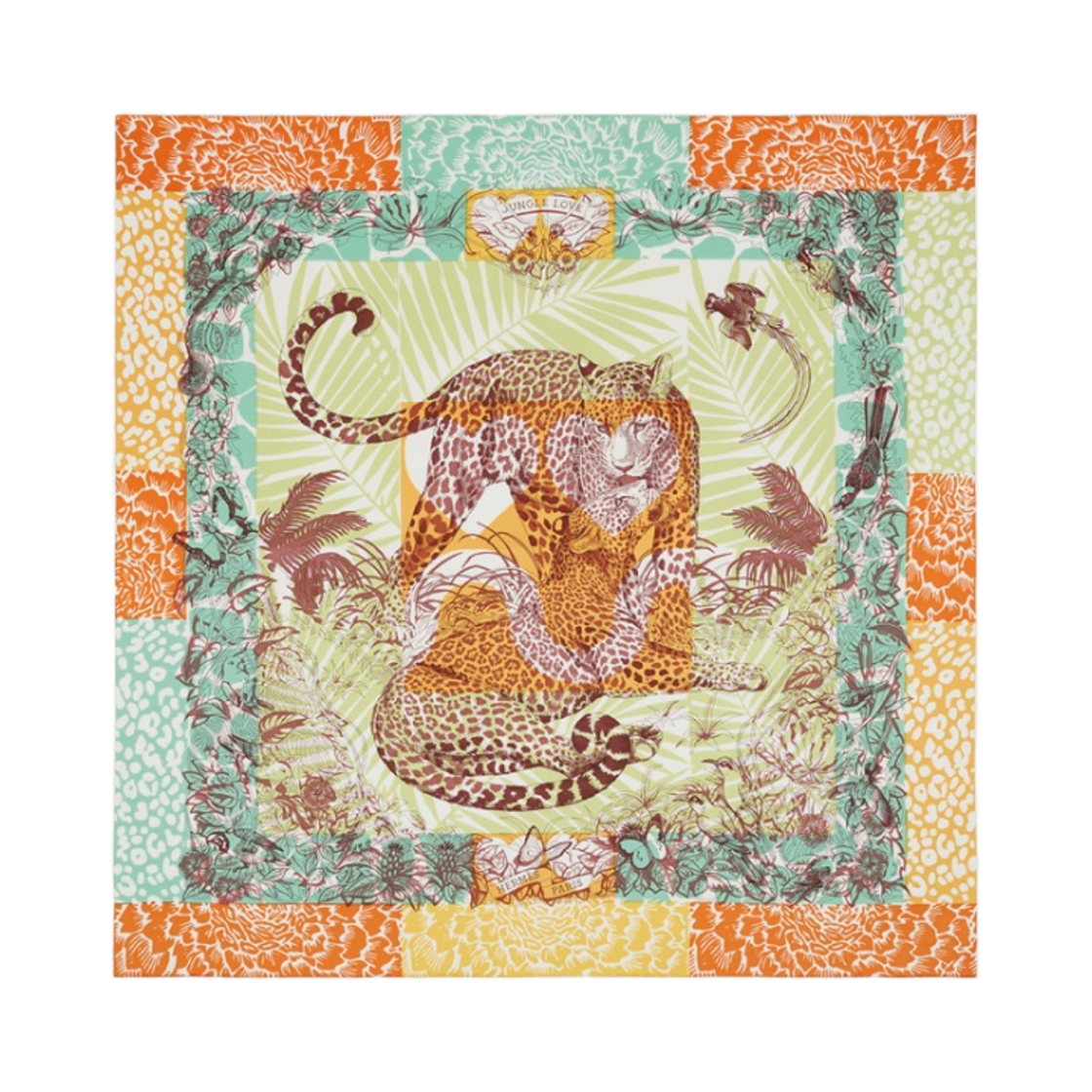 (W) 에르메스 정글 러브 스탬프 스카프 70 베르 오랑쥬 브룬((W) Hermes Jungle Love Stamped Scarf 70 Vert Orange Brun) - 1