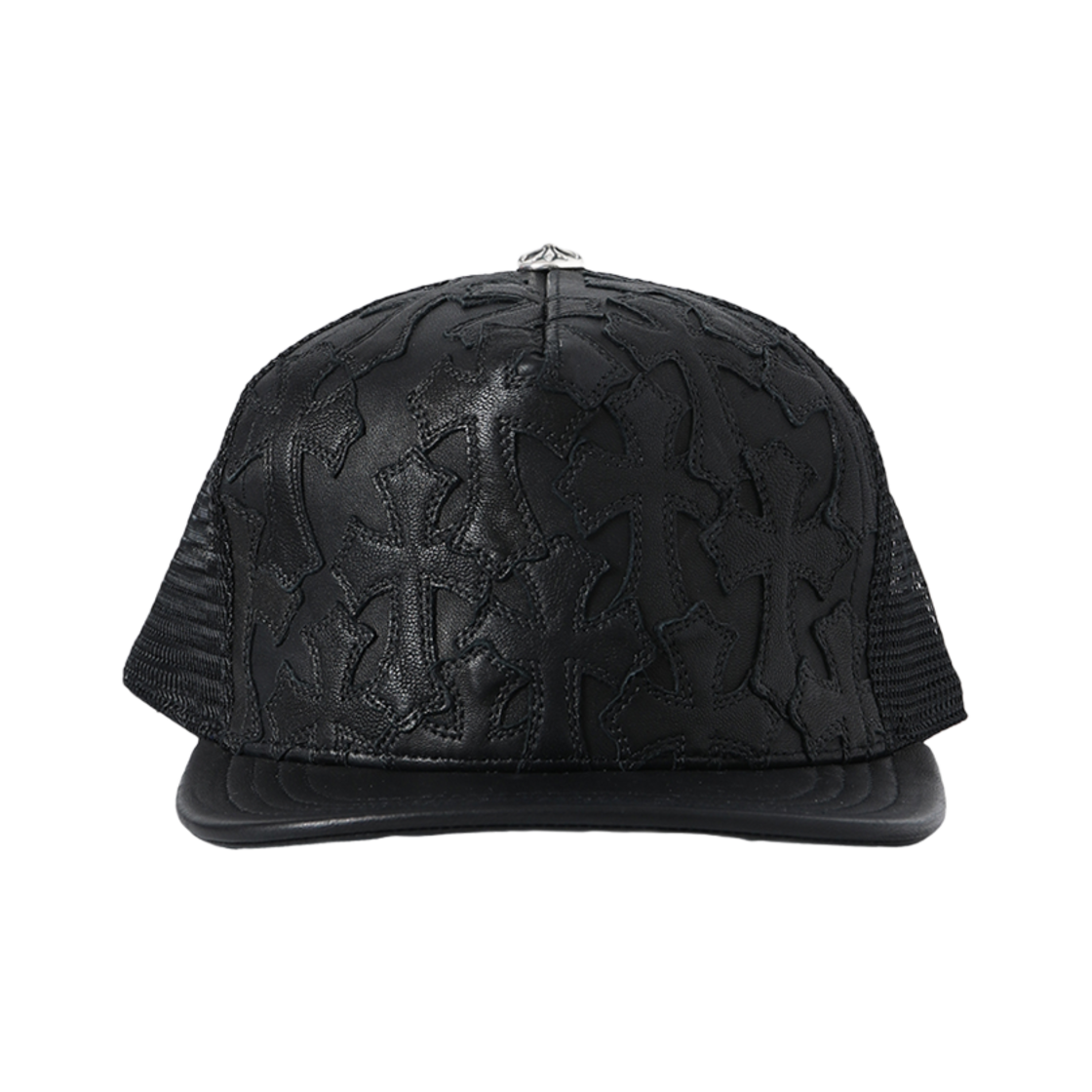 888813131313 Hansroom Chrome Hearts Cemetary Cross Leather Stitched Trucker Hat Black