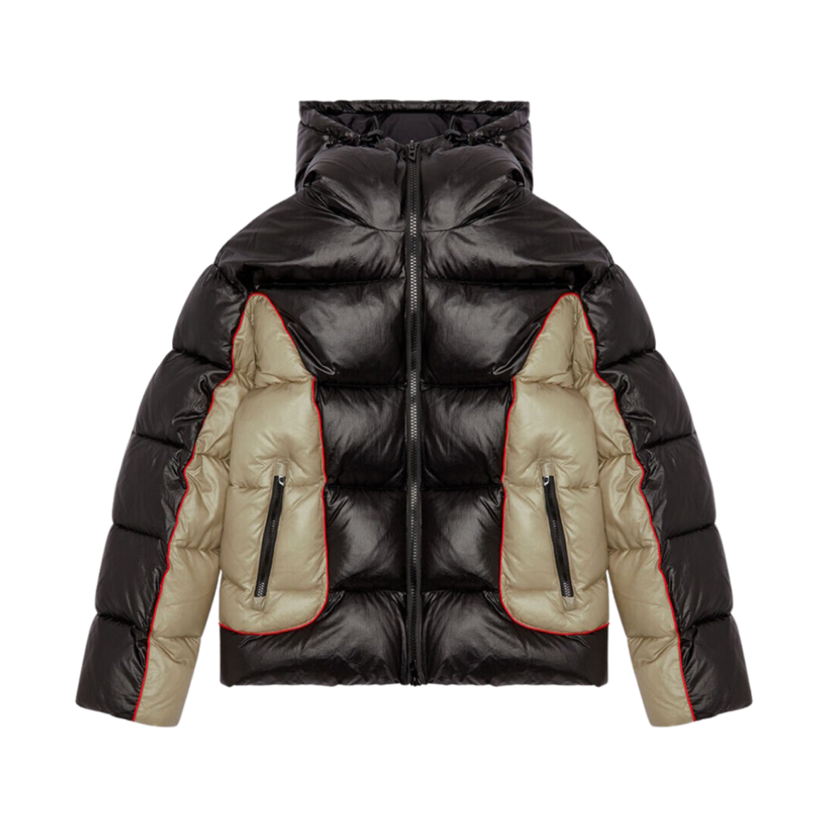 디젤 W-오스텐드 샤이니 립스탑 후드 퍼퍼 자켓 블랙 베이지(Diesel W-Ostend Hooded Puffer Jacket in Shiny Ripstop Black Beige)