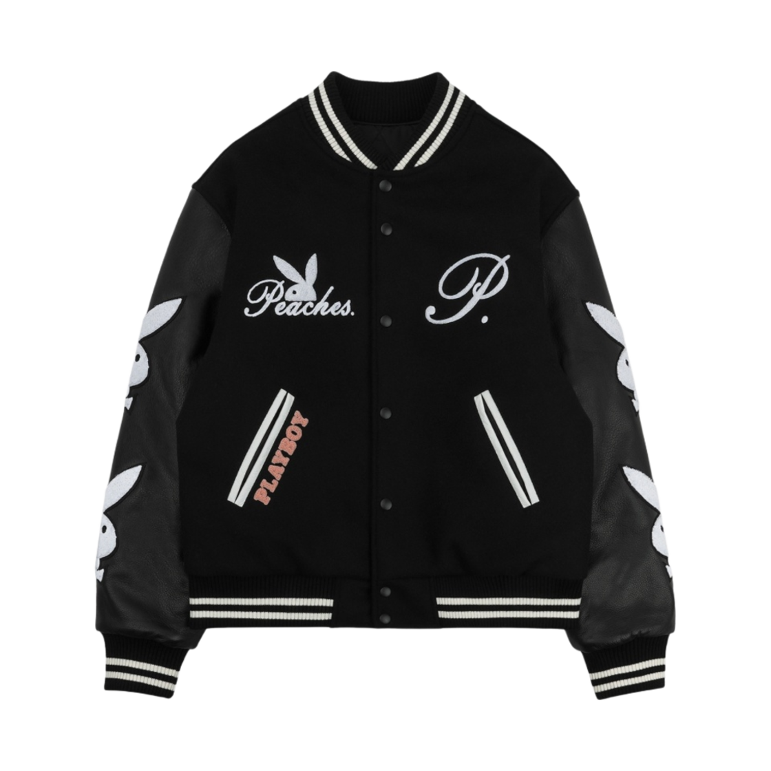 피치스 x 플레이보이 클럽하우스 바시티 자켓 F&F 블랙 에디션(Peaches. x Playboy Clubhouse Varsity Jacket F&F Black Edition)