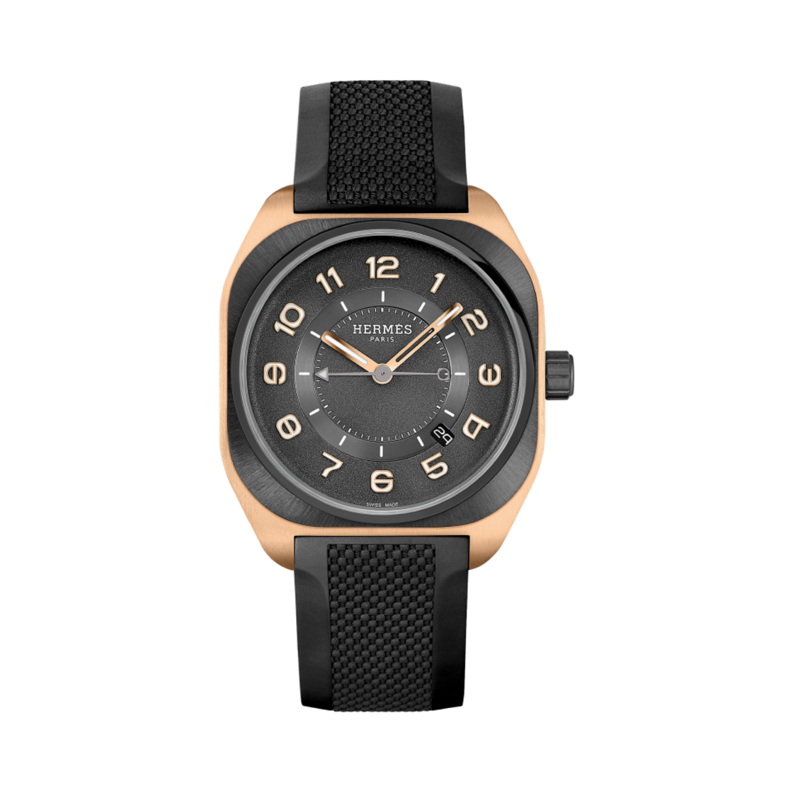 에르메스 H08 워치 라지 누아 러버 스트랩 & 로즈 골드 티타늄 백 코티드 블랙 DLC(Hermes H08 Watch Large Noir Rubber Strap & Rose Gold Titanium Back Coated with Black DLC)