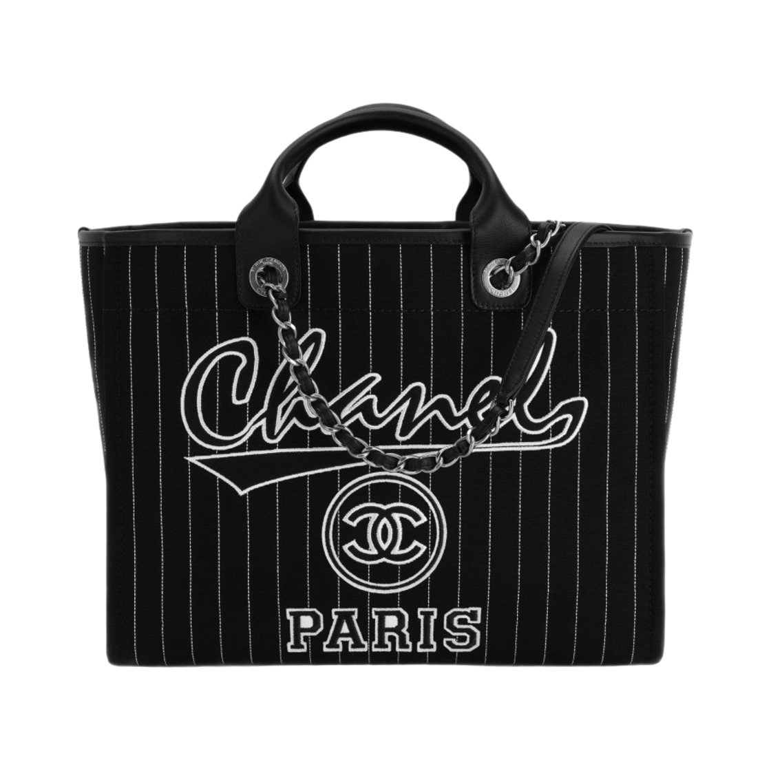 샤넬 라지 쇼핑백 코튼 카프스킨 & 실버 메탈 블랙 화이트