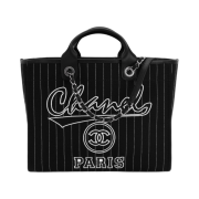 Chanel Large Shopping Bag Cotton Calfskin & Silver Black White