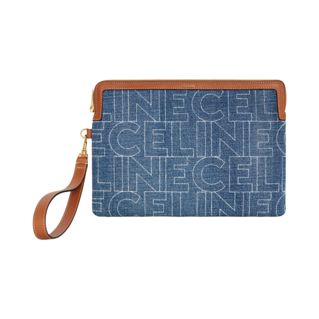 셀린느 데님 셀린느 올오버 프린트 스트랩 스몰 파우치 네이비 탄(Celine Small Pouch with Strap in Denim with Celine All-Over Print Navy Tan) - 1