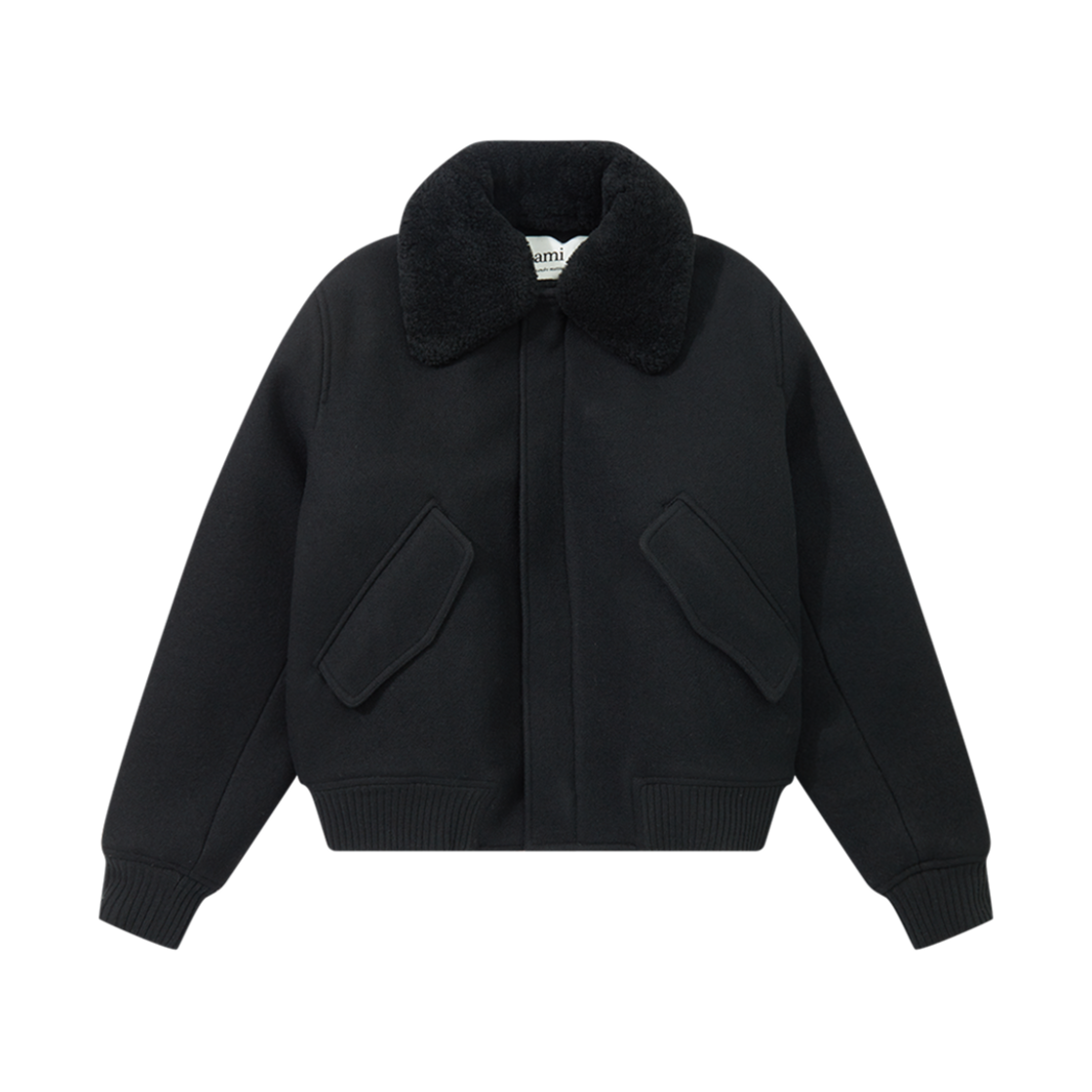 UJK010-WV002-001 AMI Shearling Collar Bomber Jacket Black