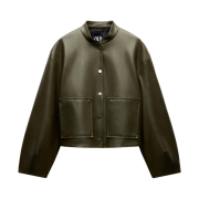 (W) Zara Faux Leather Bomber Jacket Dark Khaki