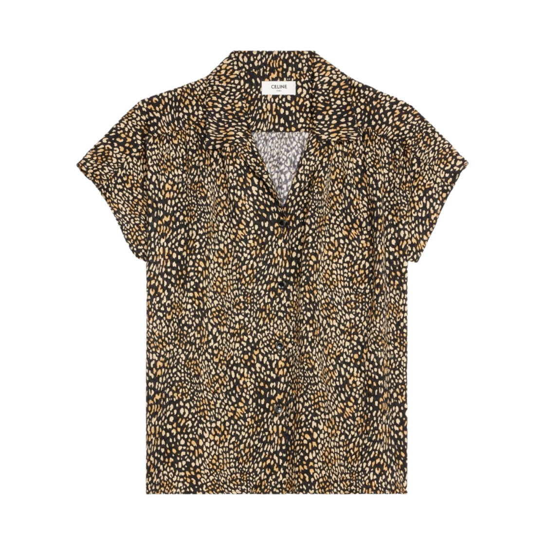 (W) 셀린느 레오파드 실크 블라우스 오픈 칼라 느와르 베이지((W) Celine Blouse with Open Collar in Leopard Silk Noir Beige) - 1