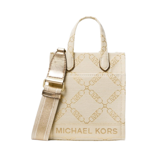 Michael Kors Gigi Extra Small Metallic Empire Logo Jacquard Crossbody Bag Pale Gold Natural