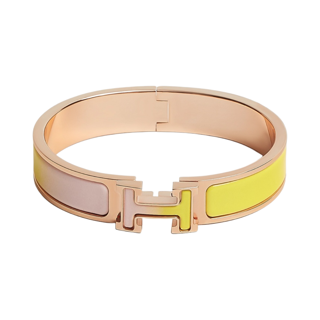 (W) 에르메스 클릭아슈 퓨전 브레이슬릿 로즈 골드 하드웨어 & 로즈 컹되르 죤 테니스((W) Hermes Clic H Fusion Bracelet Rose Gold & Rose Candeur Jaune Tennis) - 1