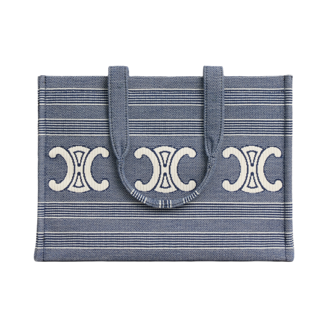 196762GQD-07BA Celine Large Cabas Thais in Striped Textile with Triomphe Blue Beige