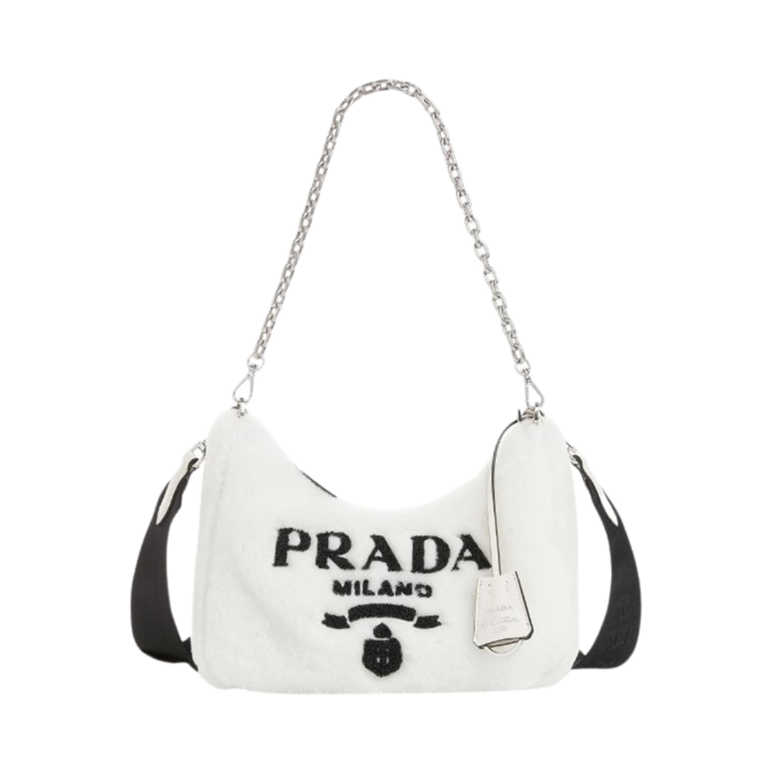 프라다 리에디션 2005 로고 시어링 체인 호보백 화이트 블랙(Prada Re-Edition 2005 Logo Shearling Chain Hobo Bag White Black)