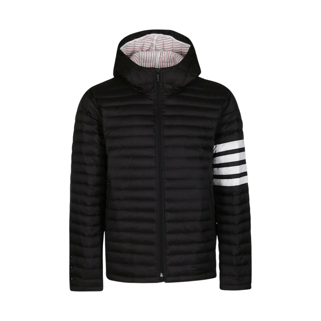 톰브라운 매트 나일론 사선 스트라이프 다운필 퀼티드 후드 자켓 블랙(Thom Browne Matte Nylon 4-Bar Stripe Downfill Quilted Hooded Jacket Black)