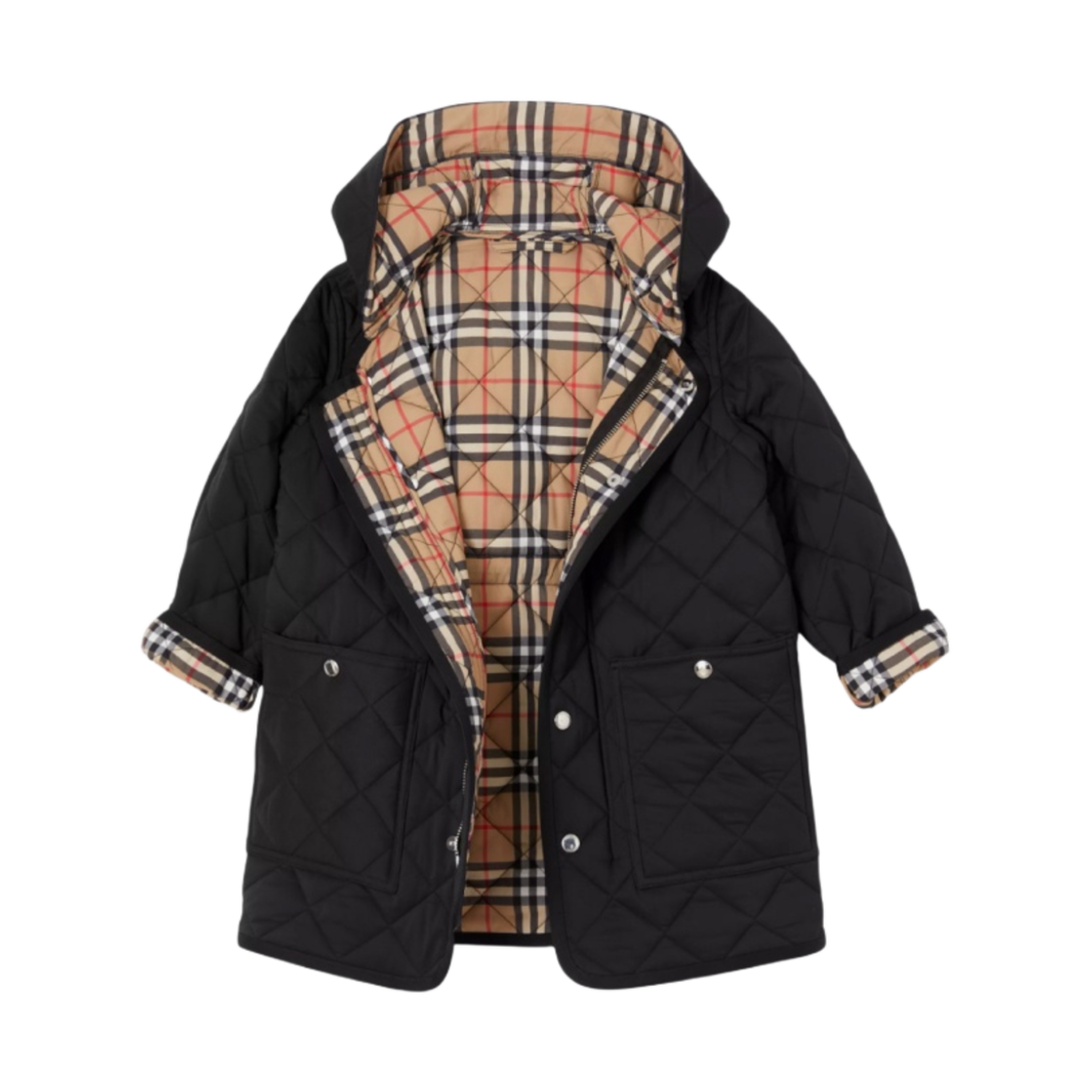(키즈) 버버리 다이아몬드 퀼티드 나일론 후드 코트 블랙((Kids) Burberry Diamond Quilted Nylon Hooded Coat Black)