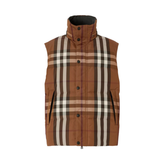 Burberry Packaway Hood Reversible Check Nylon Puffer Gilet Dark Birch Brown