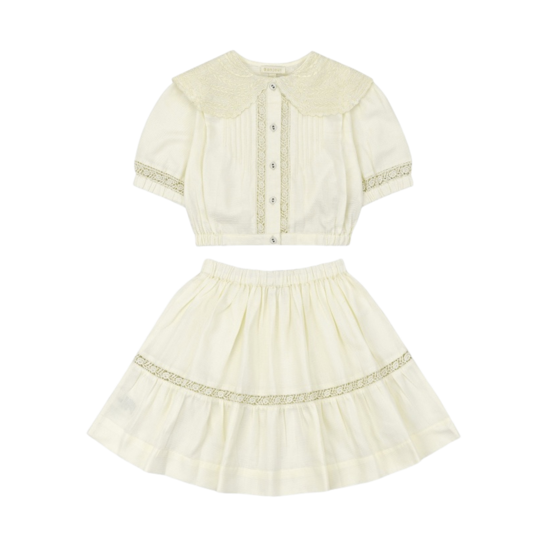 (키즈) 봉주르 다이어리 크롭 블라우스 & 코튼 피케 스커트 세트 바닐라((Kids) Bonjour Diary Cropped Blouse & Cotton Pique Skirt Set Vanilla) - 1