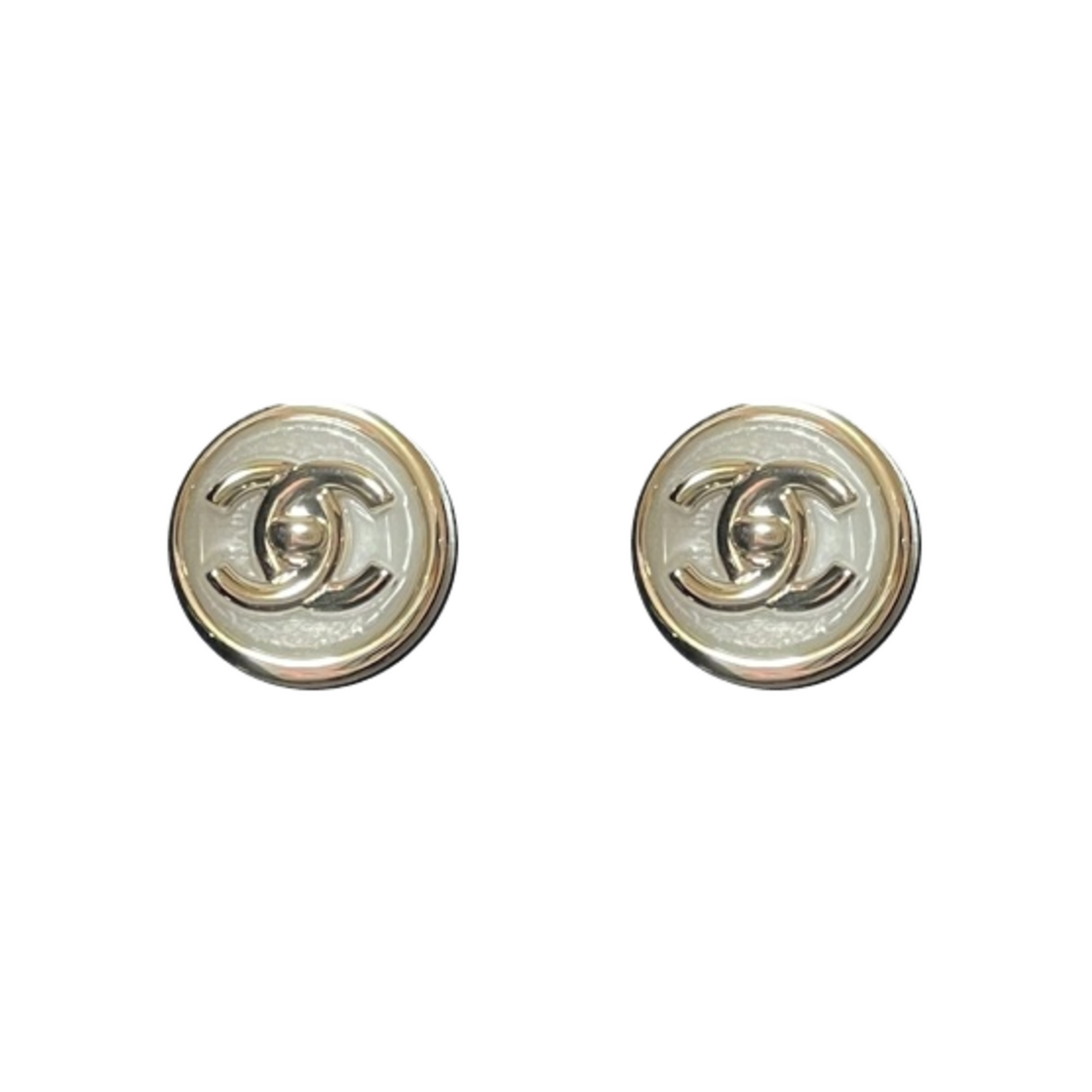 (W) 샤넬 라운드 CC 이어링 메탈 & 골드 화이트((W) Chanel Round CC Earrings Metal & Gold White) - 1