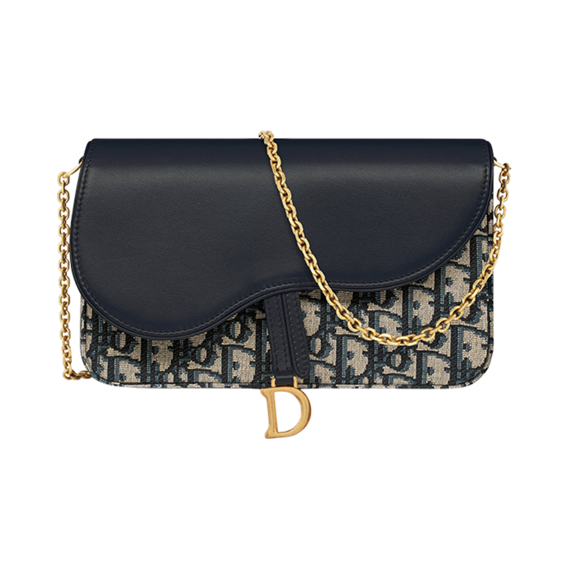 S5907CNKO-M928 Dior Saddle Pouch with Chain Blue Dior Oblique Jacquard and Smooth Calfskin