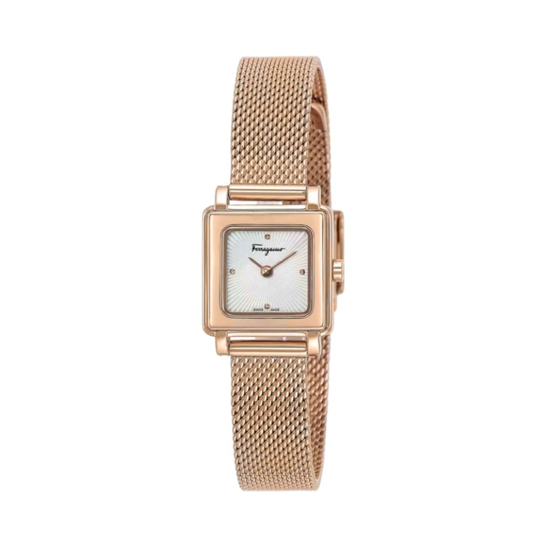 (W) 페라가모 스퀘어 쿼츠 20mm 스테인리스 스틸 로즈 골드 화이트((W) Ferragamo Square Quartz 20mm Stainless Steel Rose Gold White)