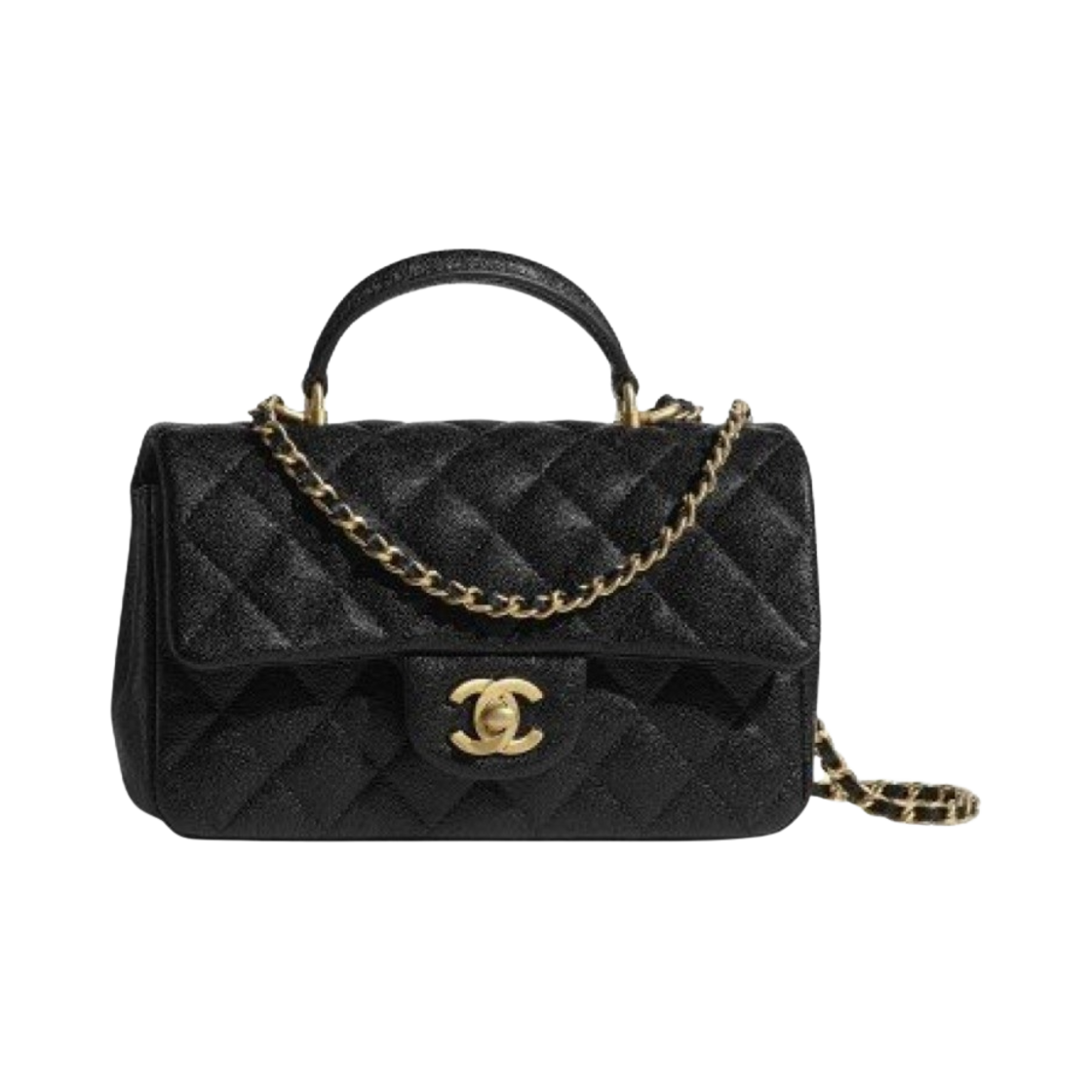샤넬 핸들 장식의 미니 플랩백 그레인드 카프스킨 & 골드 메탈 블랙
