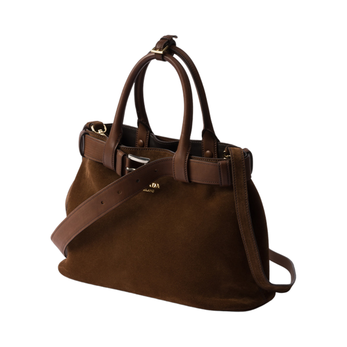 프라다 미디움 프라다 버클 스웨이드 백 벨트 코코아 브라운(Prada Medium Prada Buckle Suede Bag with Belt Cocoa Brown) - 3