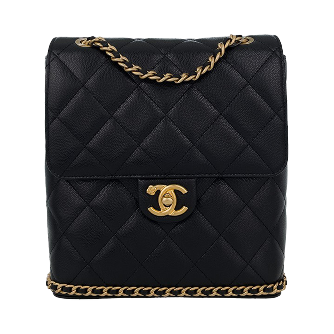 샤넬 23K 까멜리아장식 체인 스퀘어 백팩 블랙 빈티지금장 캐비어